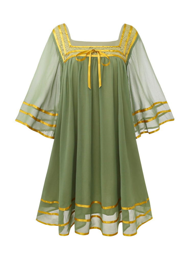 [Pre-Sale] Green & Gold 1970s Sheer Bell-Sleeve Dress