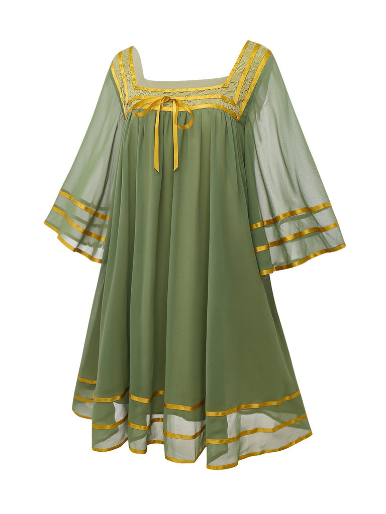 [Pre-Sale] Green & Gold 1970s Sheer Bell-Sleeve Dress