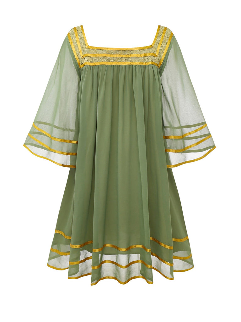 [Pre-Sale] Green & Gold 1970s Sheer Bell-Sleeve Dress