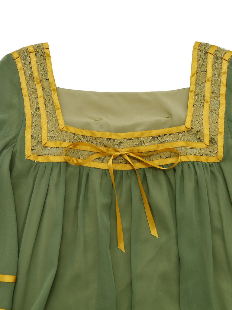 [Pre-Sale] Green & Gold 1970s Sheer Bell-Sleeve Dress