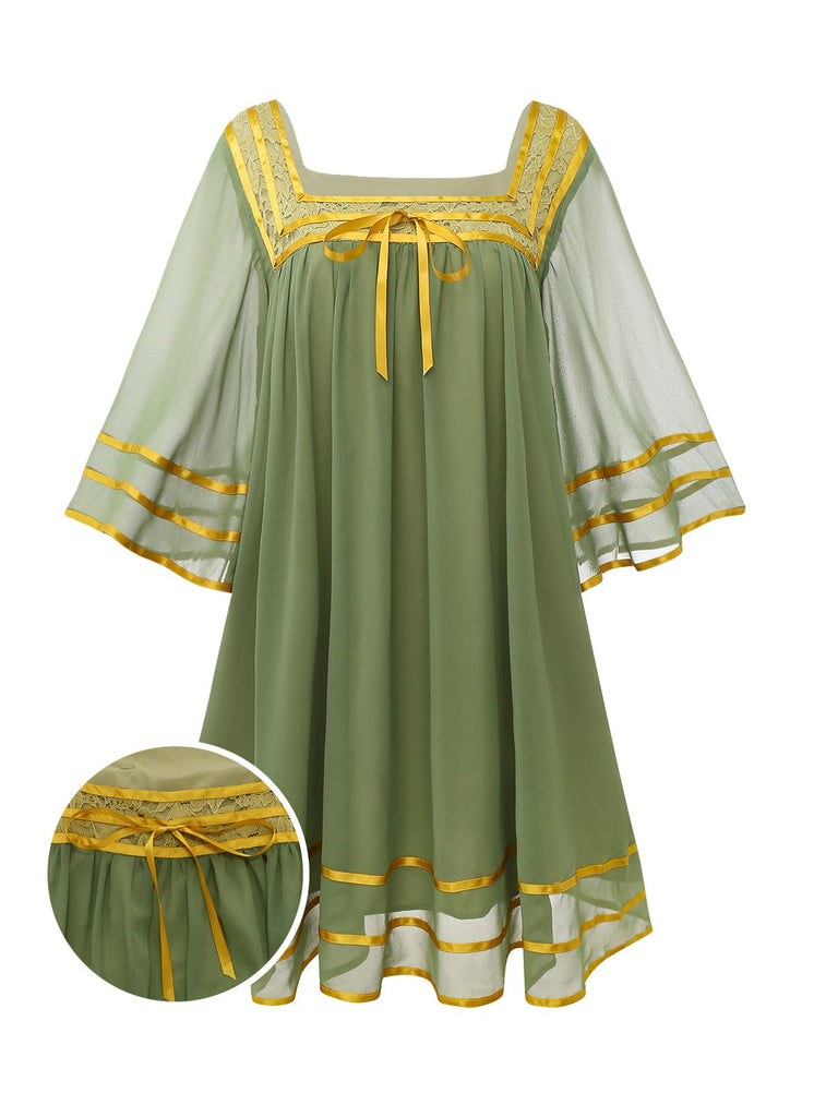 [Pre-Sale] Green & Gold 1970s Sheer Bell-Sleeve Dress