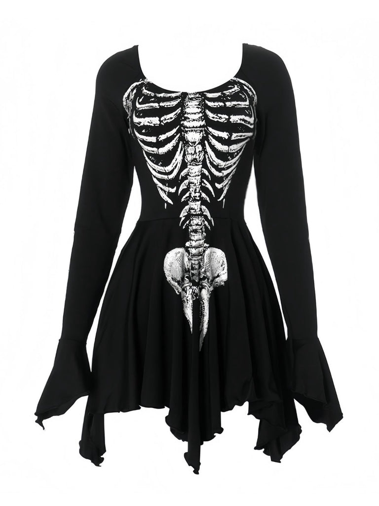 Black 1980s Halloween Skull Print Mini Dress