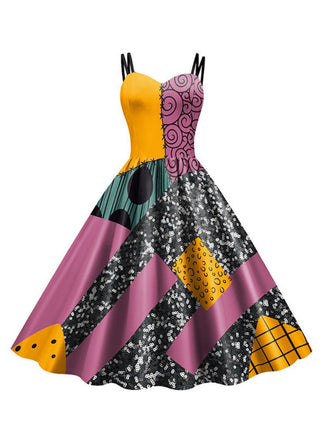 Multicolor 1950s Nightmare Before Christmas Sally Colorblock Dress