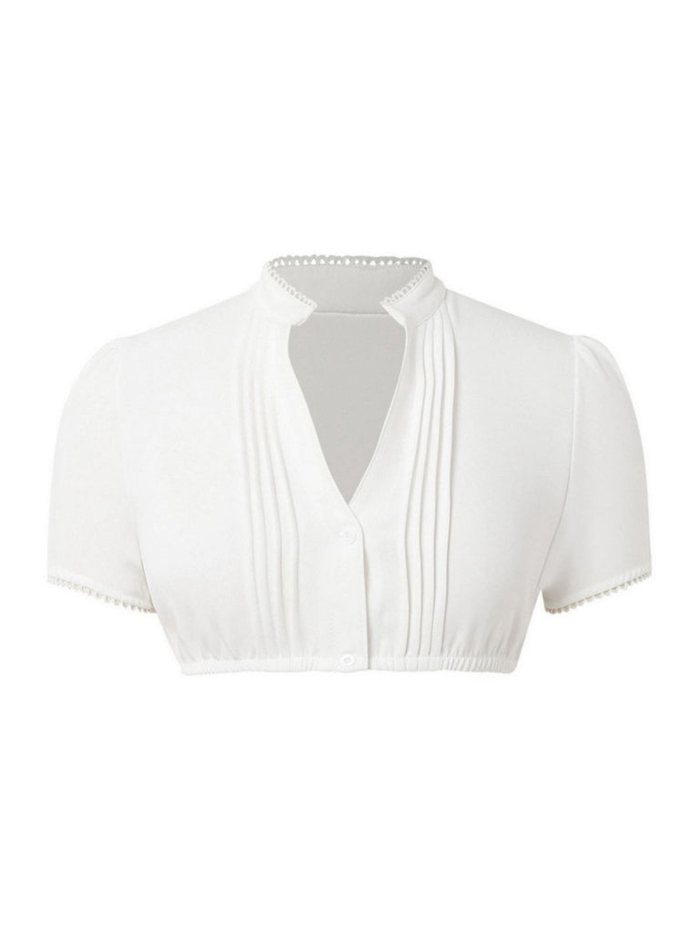White 1950s Solid Pleated V-Neck Puff Crop Blouse