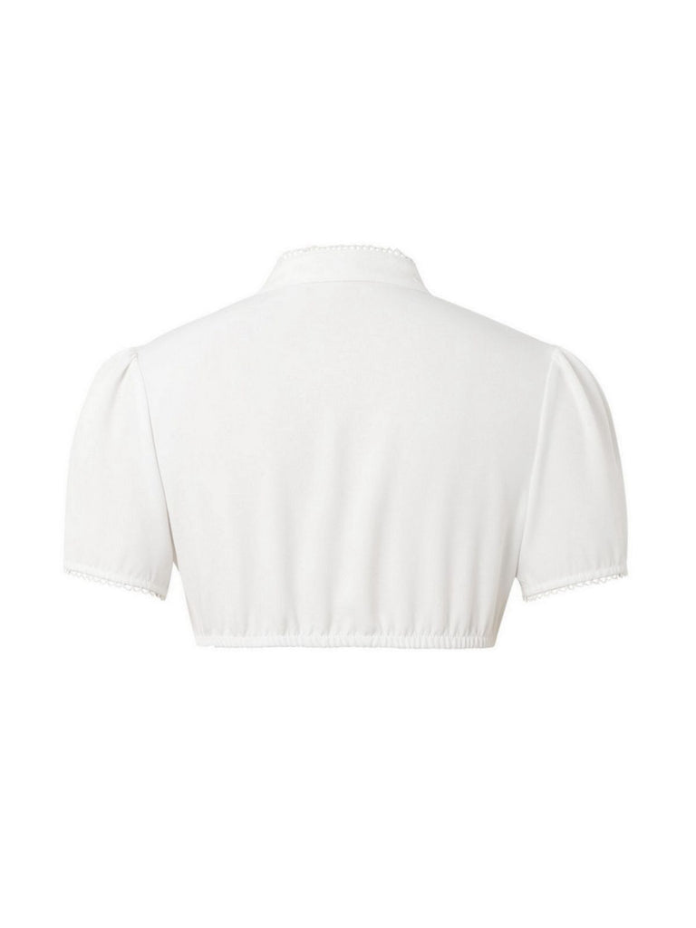White 1950s Solid Pleated V-Neck Puff Crop Blouse