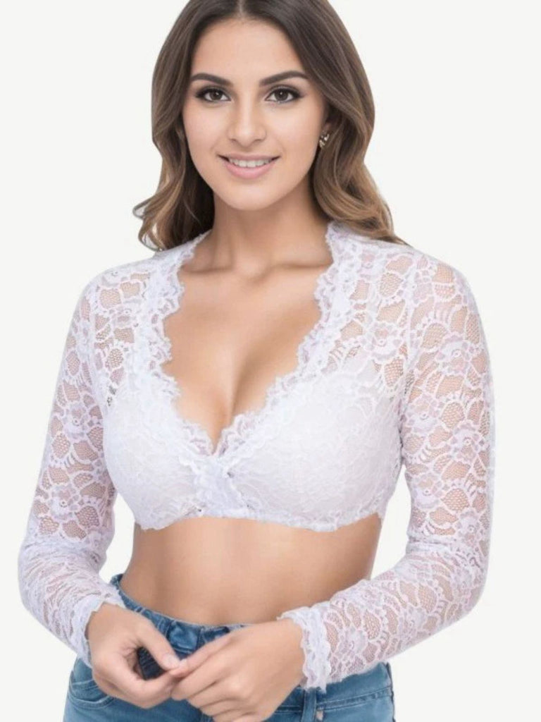 1950s Solid Lace Illusion Long-Sleeve Crop Top