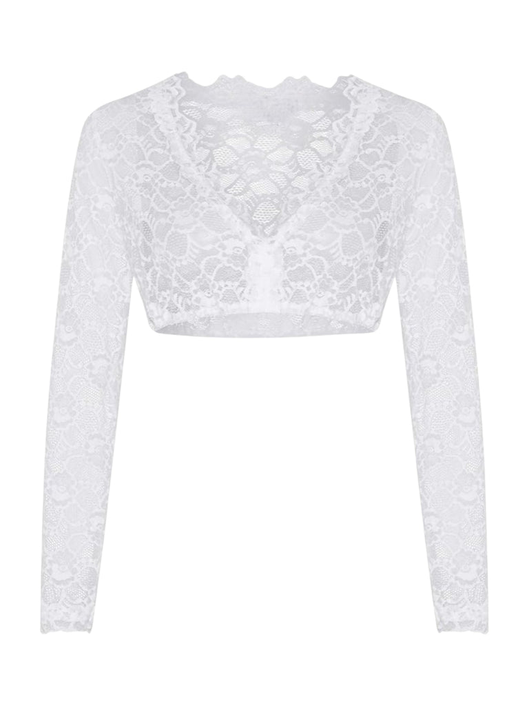 1950s Solid Lace Illusion Long-Sleeve Crop Top