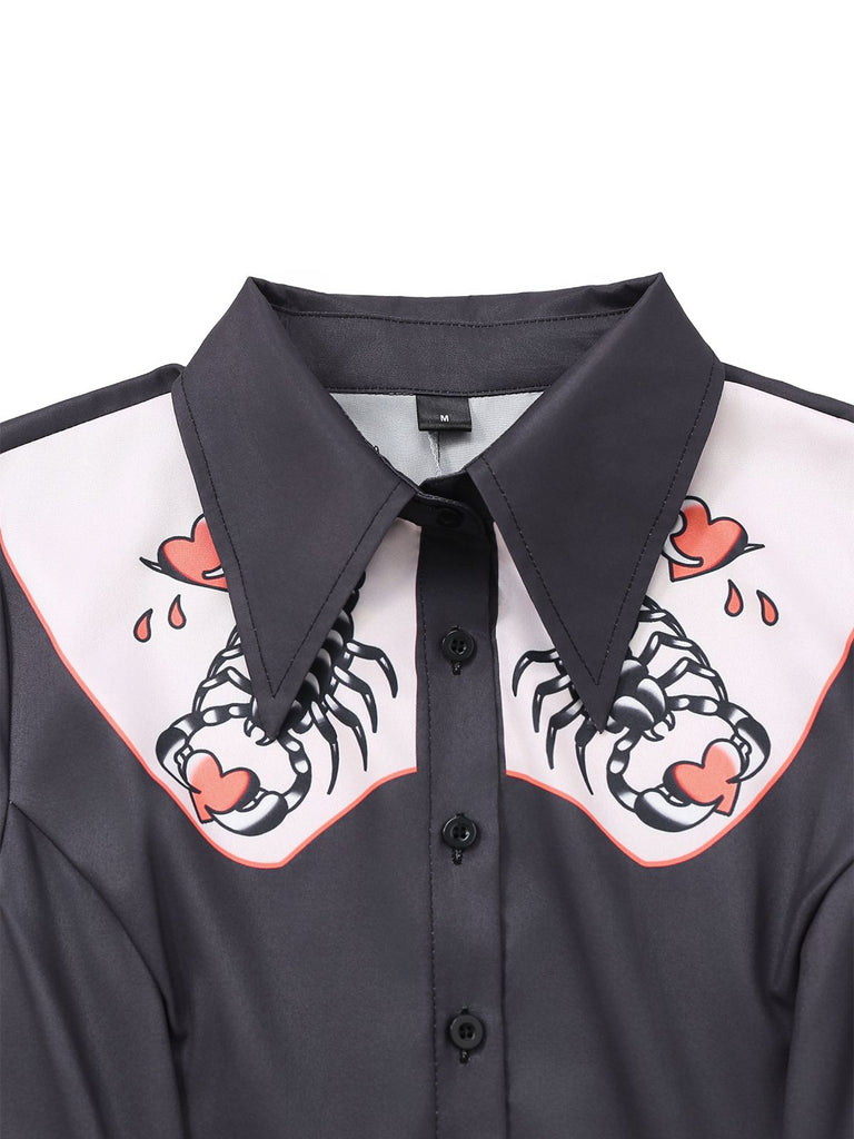 Black 1960s Scorpion Hearts Print Shirt Dress