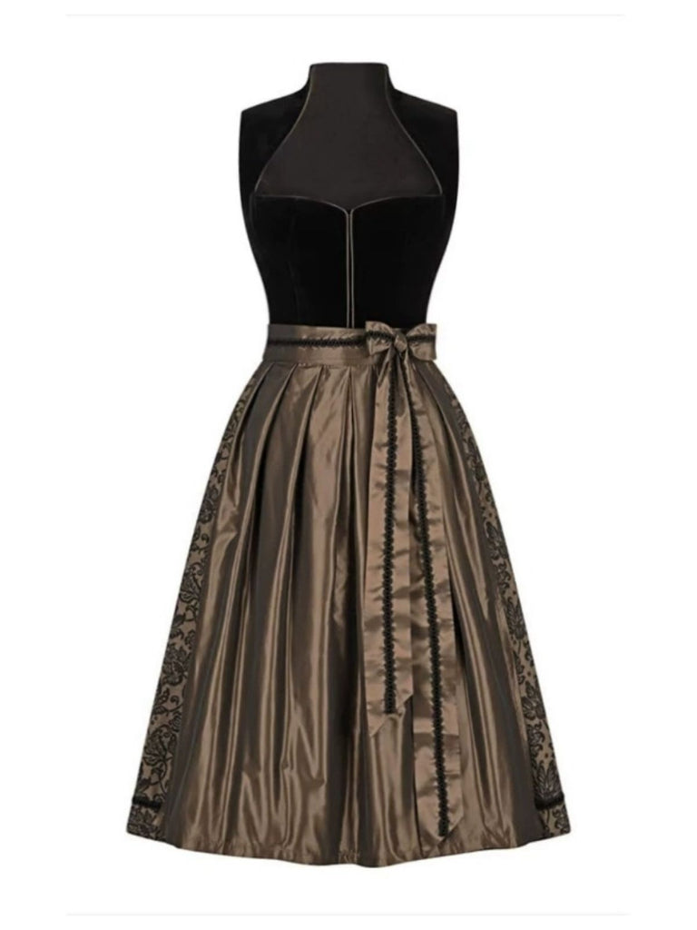 Brown 1950s Crochet Velvelt Dress & Satin Pleated Apron
