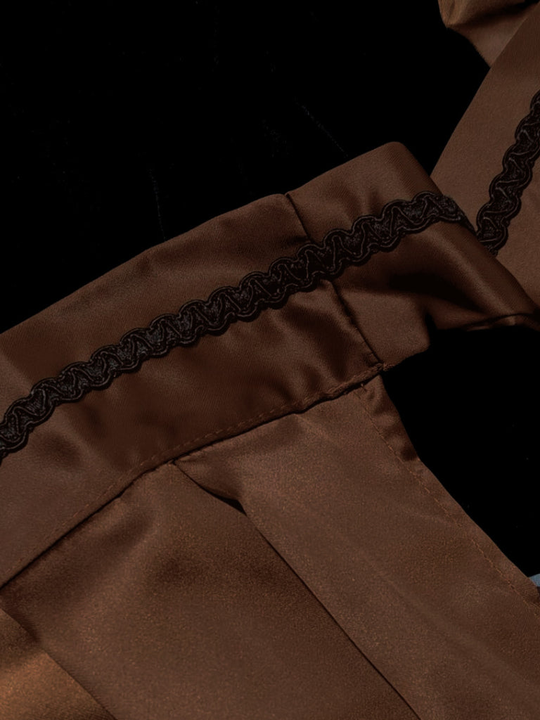 Brown 1950s Crochet Velvelt Dress & Satin Pleated Apron