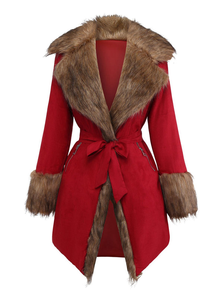 1950s Faux Fur Collar Lapel Belt Coat