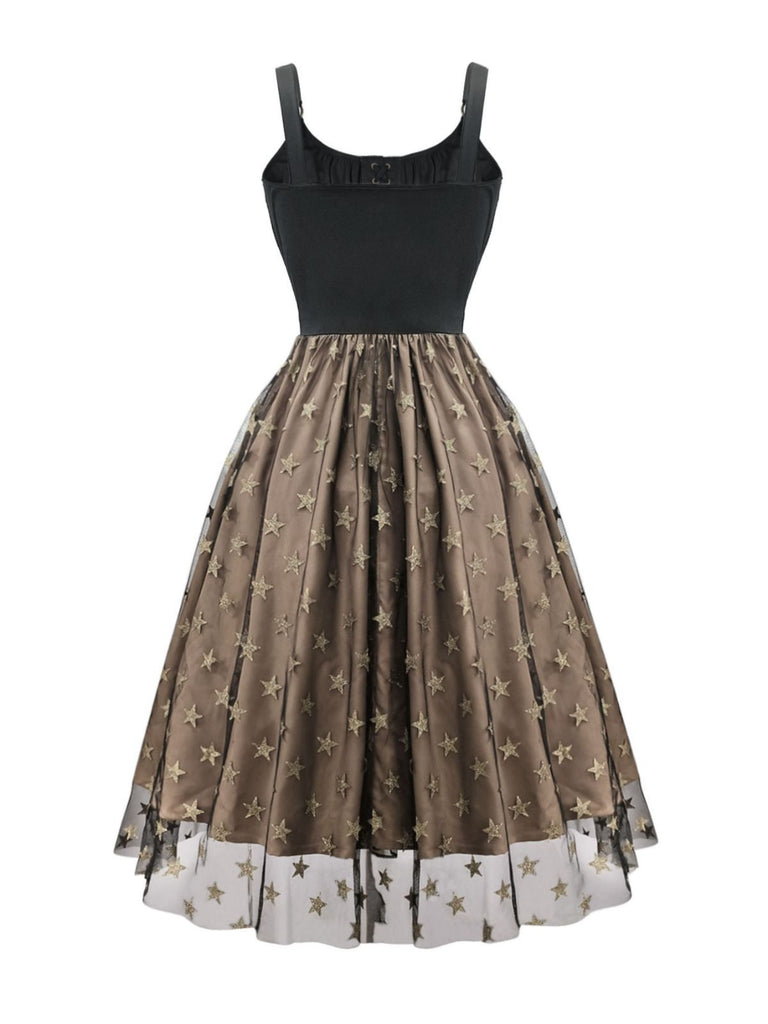 Black 1950s Gold Star Sequined Mesh Ruched Dress