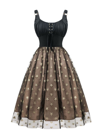 Black 1950s Gold Star Sequined Mesh Ruched Dress
