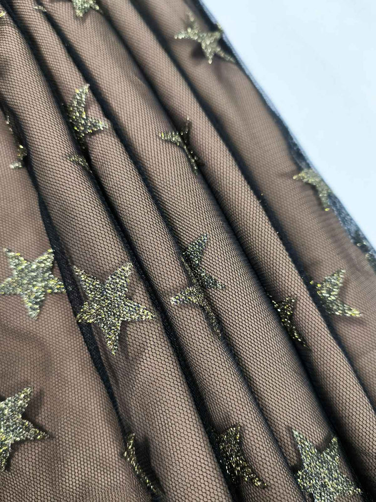 Black 1950s Gold Star Sequined Mesh Ruched Dress