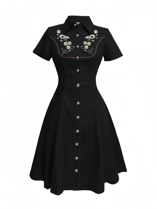 Black 1950s Cotton Floral Embroidered Western Style Dress