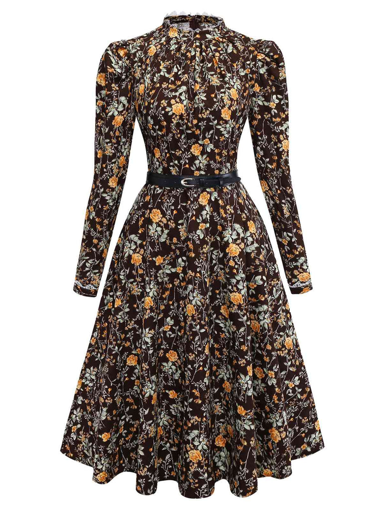 [Pre-Sale] Brown 1980s Floral Lace Patchwork Corduroy Dress