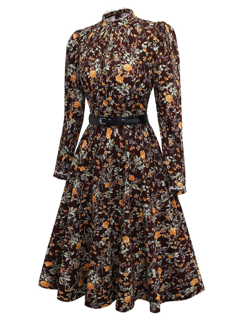 [Pre-Sale] Brown 1980s Floral Lace Patchwork Corduroy Dress
