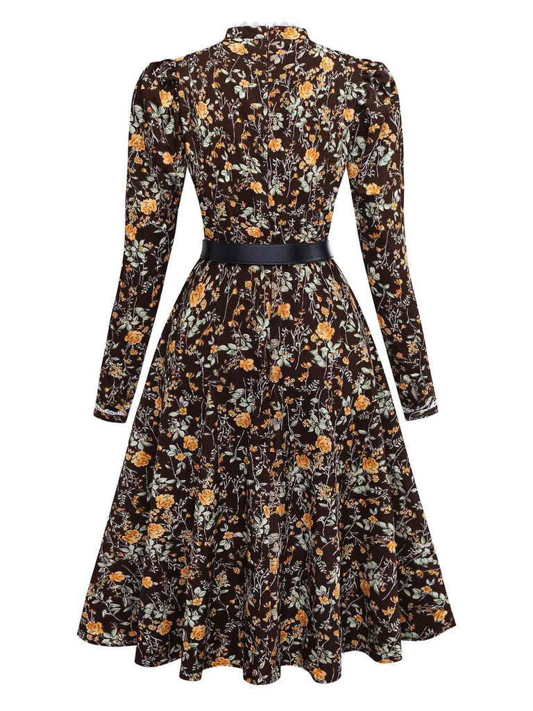 [Pre-Sale] Brown 1980s Floral Lace Patchwork Corduroy Dress