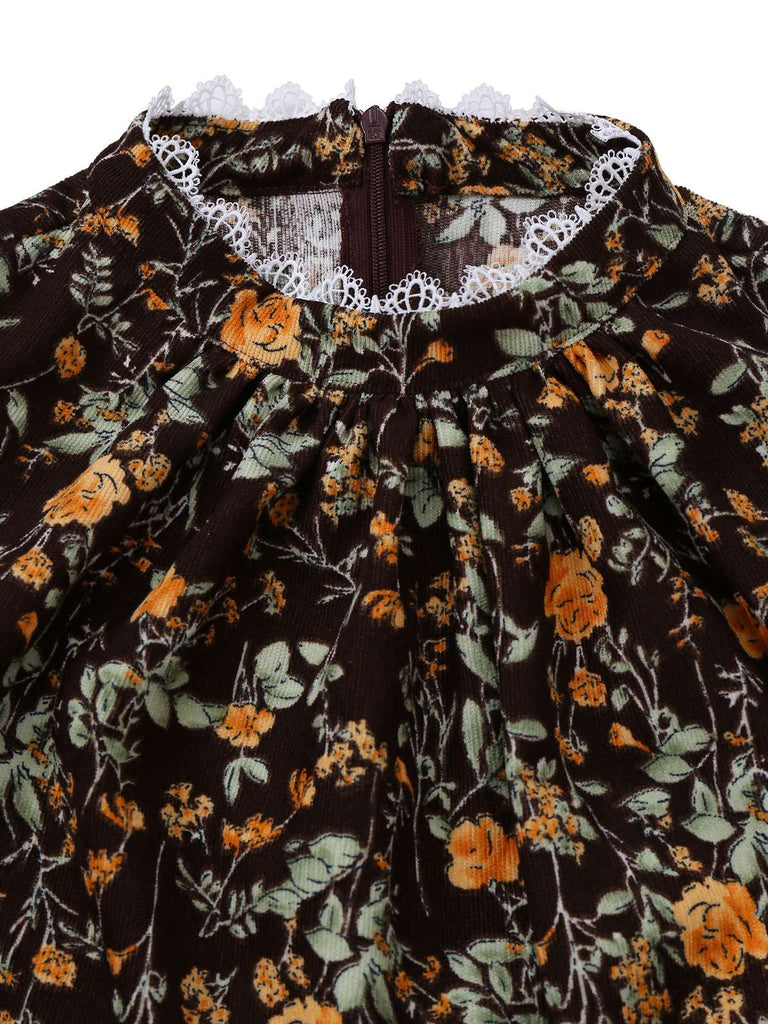 [Pre-Sale] Brown 1980s Floral Lace Patchwork Corduroy Dress