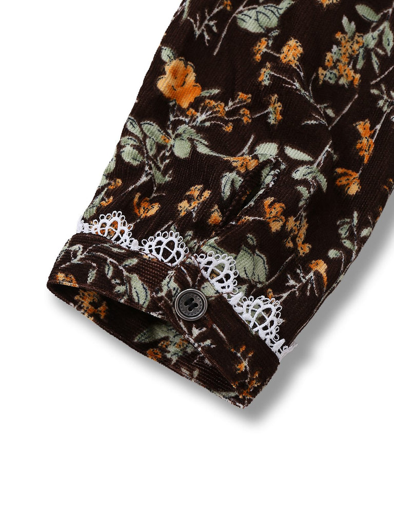 [Pre-Sale] Brown 1980s Floral Lace Patchwork Corduroy Dress