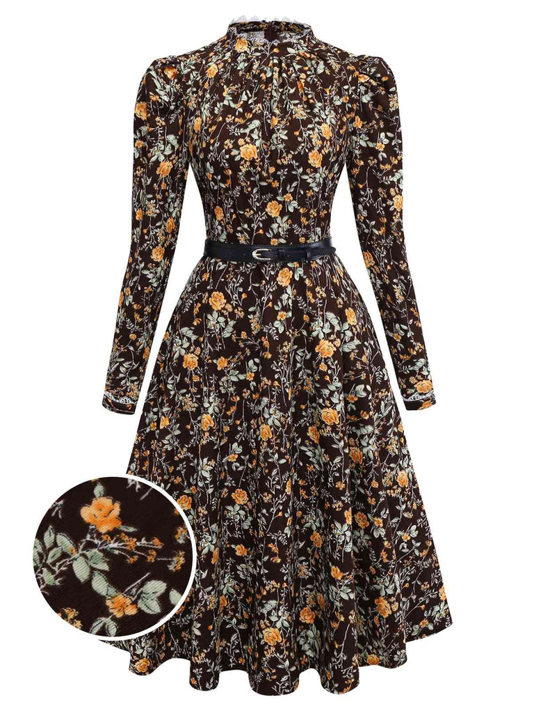[Pre-Sale] Brown 1980s Floral Lace Patchwork Corduroy Dress