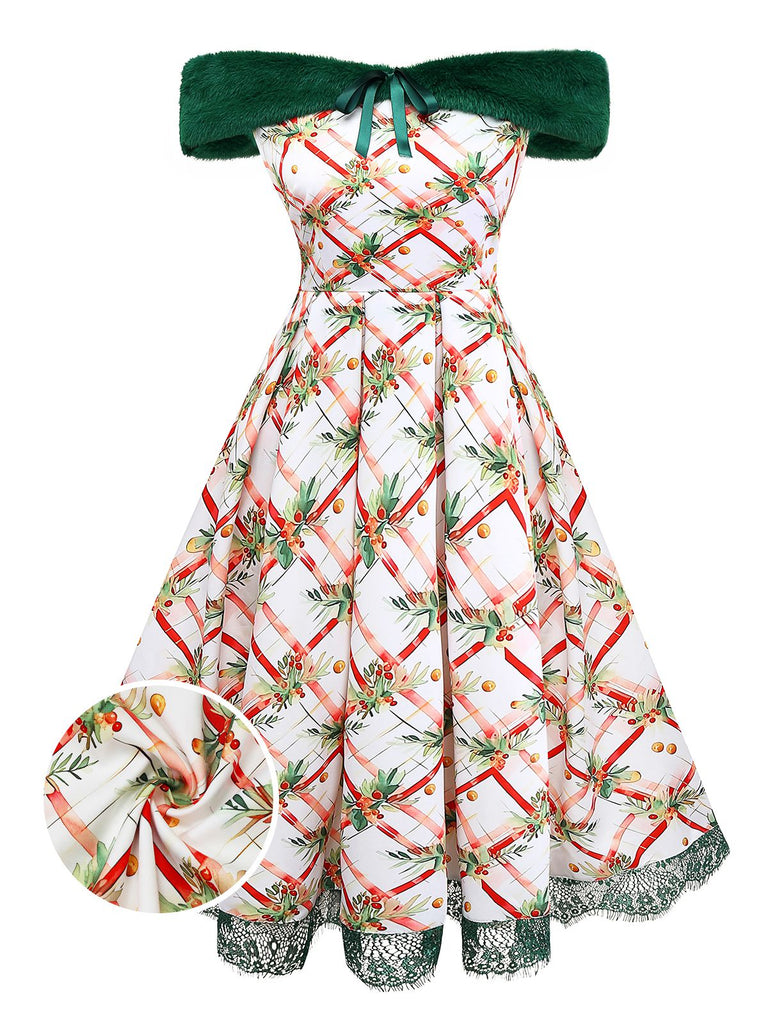 [Pre-Sale] Green 1950s Christmas Holly Leaf Fur Collar Off Shoulder Dress