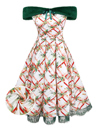 [Pre-Sale] Green 1950s Christmas Holly Leaf Fur Collar Off Shoulder Dress