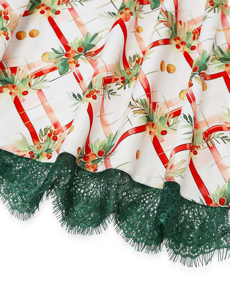 [Pre-Sale] Green 1950s Christmas Holly Leaf Fur Collar Off Shoulder Dress