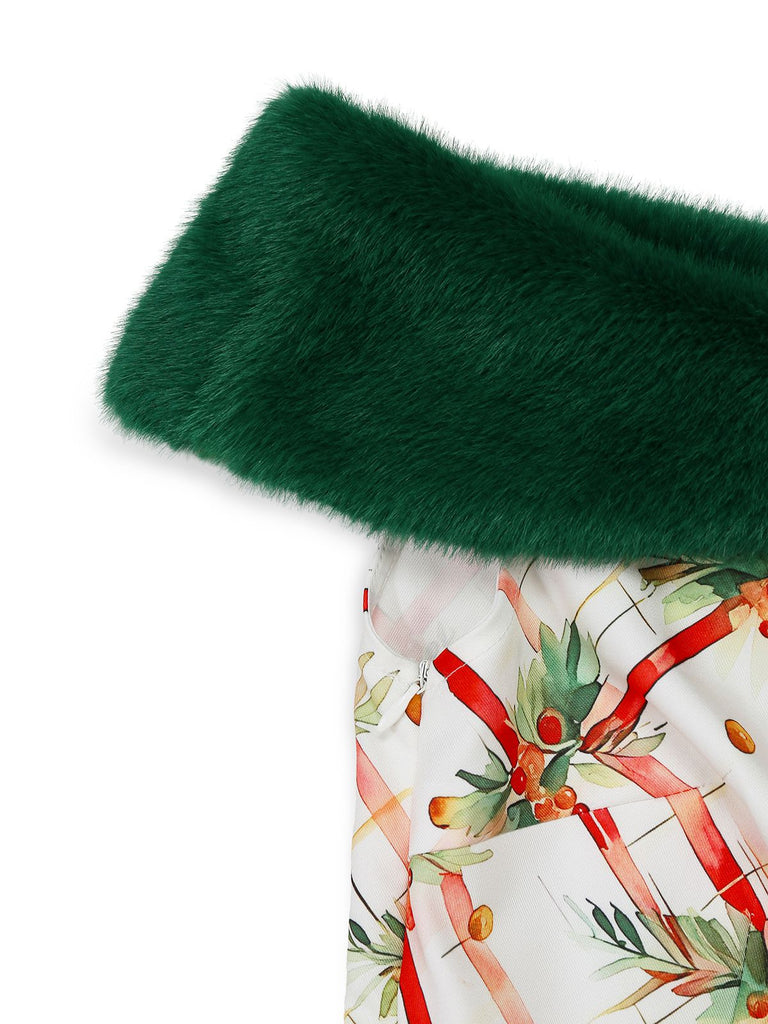 [Pre-Sale] Green 1950s Christmas Holly Leaf Fur Collar Off Shoulder Dress
