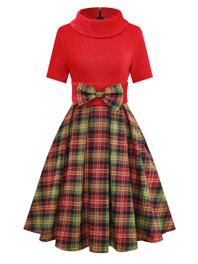 [Pre-Sale] Red 1950s Christmas Turtleneck Sparkle Sweater Plaid Dress