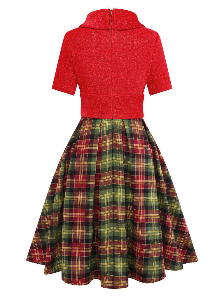 [Pre-Sale] Red 1950s Christmas Turtleneck Sparkle Sweater Plaid Dress
