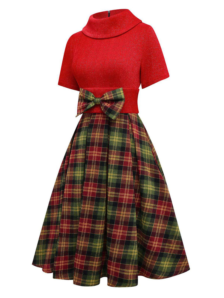 [Pre-Sale] Red 1950s Christmas Turtleneck Sparkle Sweater Plaid Dress