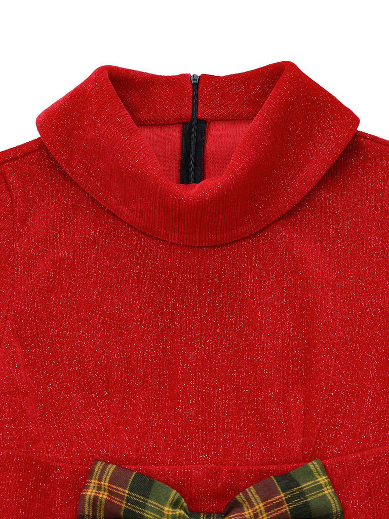 [Pre-Sale] Red 1950s Christmas Turtleneck Sparkle Sweater Plaid Dress