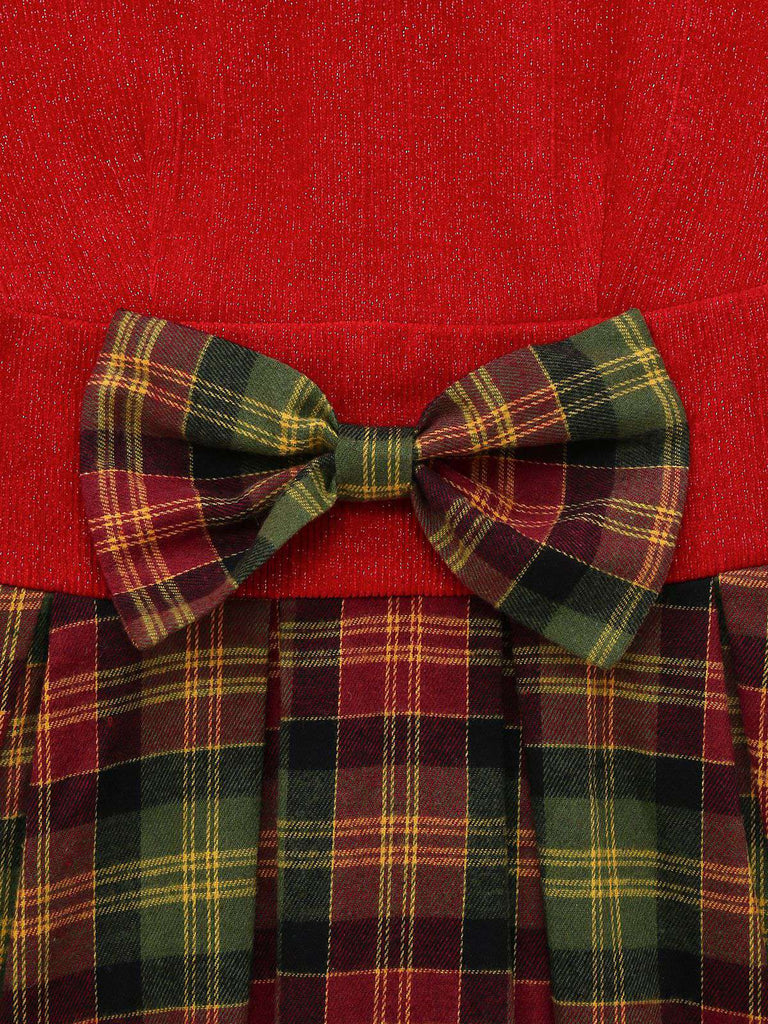[Pre-Sale] Red 1950s Christmas Turtleneck Sparkle Sweater Plaid Dress