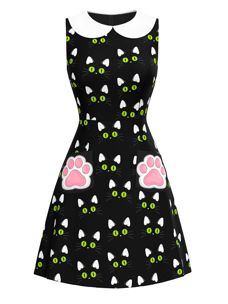 [Pre-Sale] Black 1960s Cat Print Paw Pockets Dress
