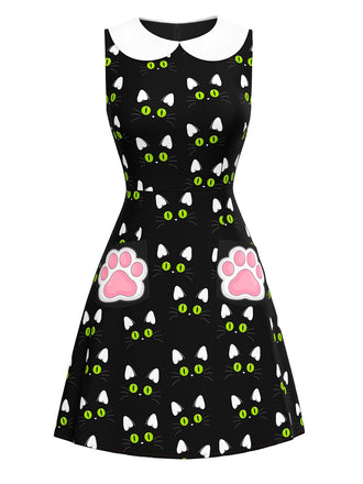 Black 1960s Cat Print Paw Pockets Dress