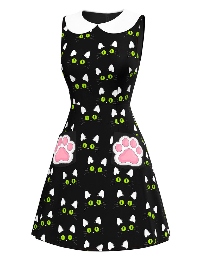 [Pre-Sale] Black 1960s Cat Print Paw Pockets Dress