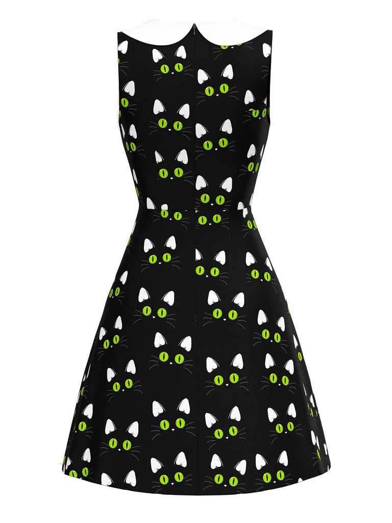 [Pre-Sale] Black 1960s Cat Print Paw Pockets Dress