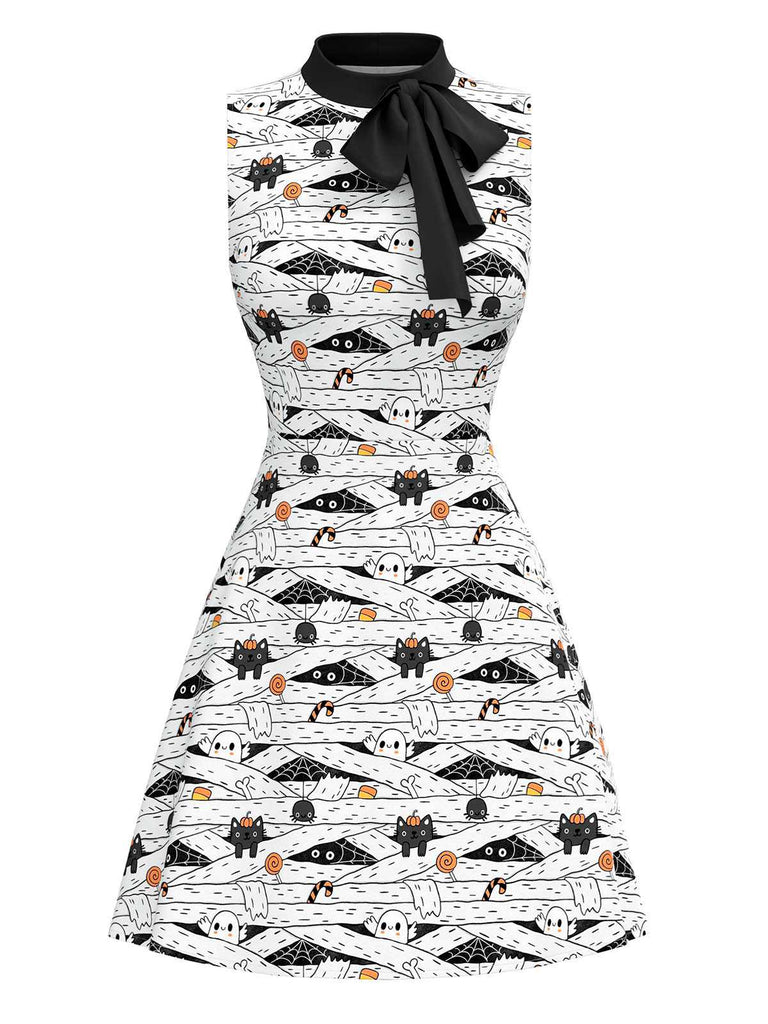 [Pre-Sale] White & Black 1960s Cat Print Bow Neck Dress