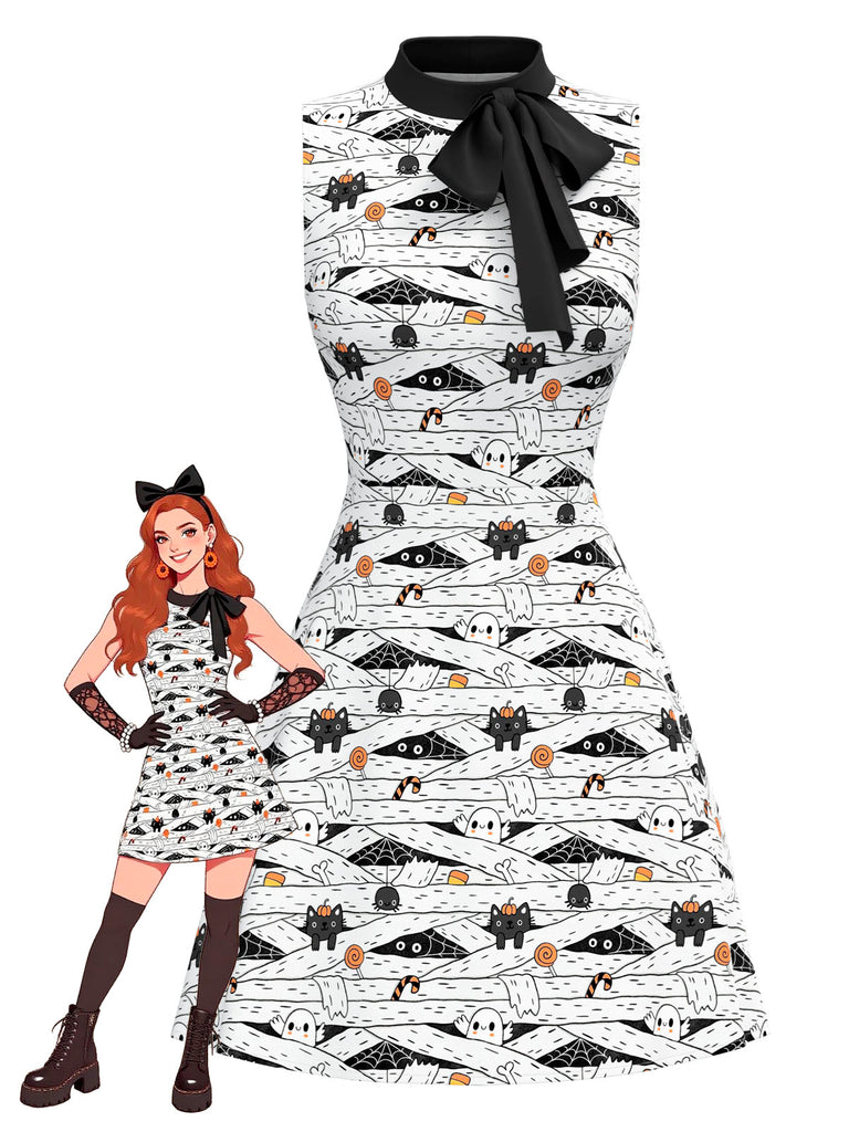 [Pre-Sale] White & Black 1960s Cat Print Bow Neck Dress