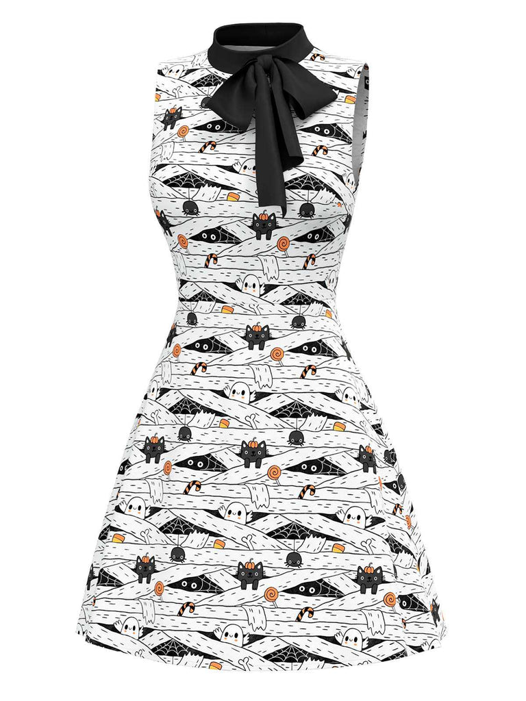 [Pre-Sale] White & Black 1960s Cat Print Bow Neck Dress