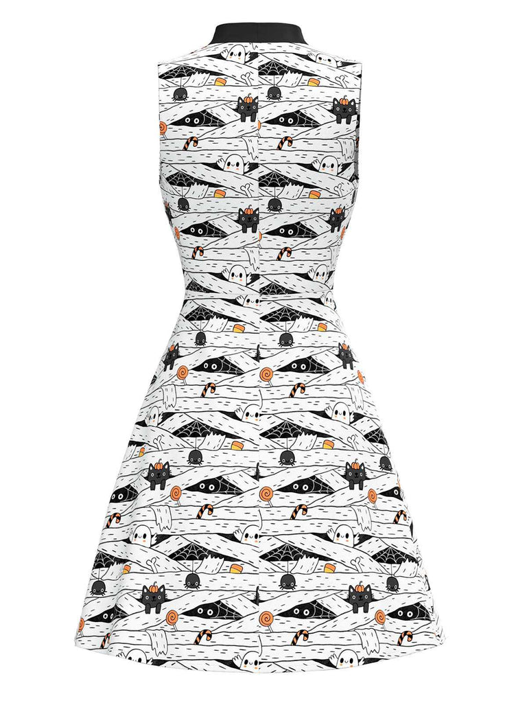 [Pre-Sale] White & Black 1960s Cat Print Bow Neck Dress