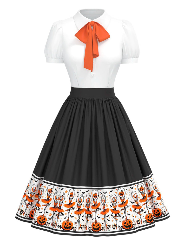[Pre-Sale] Multicolor 1950s Halloween Dancing Skeleton Tie Neck Dress