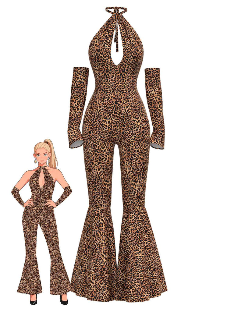 [Pre-Sale] Brown 1970s Leopard Halter Hollow Flared Jumpsuit