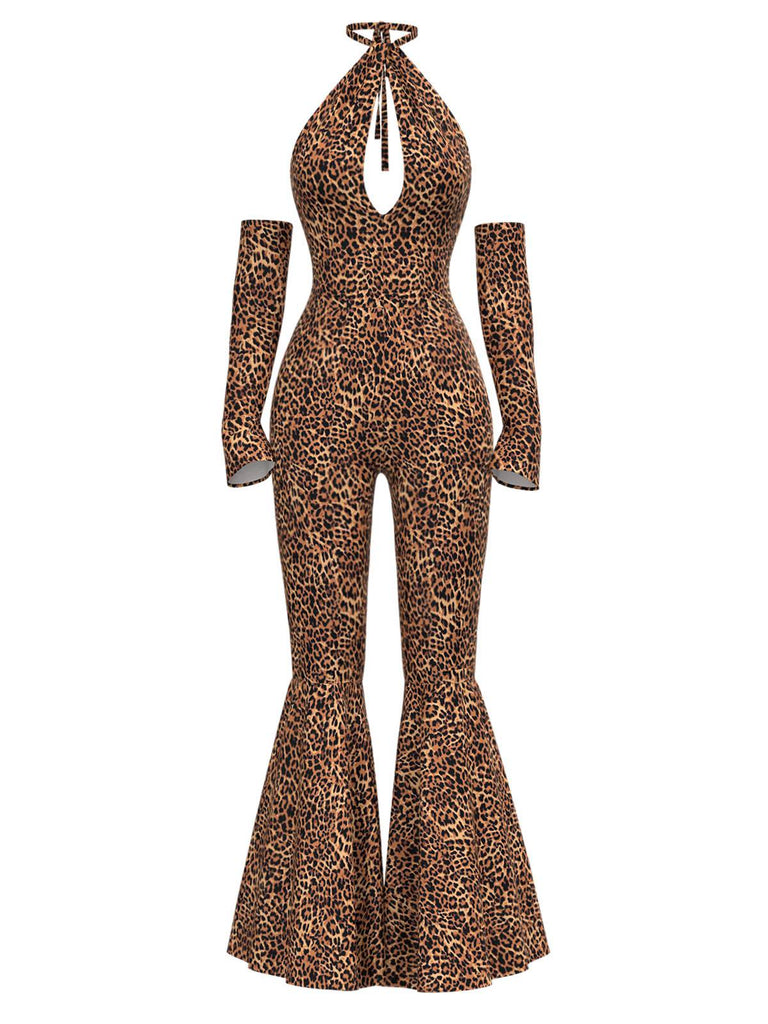 [Pre-Sale] Brown 1970s Leopard Halter Hollow Flared Jumpsuit