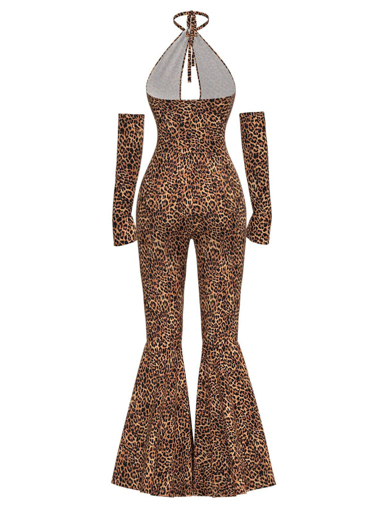 [Pre-Sale] Brown 1970s Leopard Halter Hollow Flared Jumpsuit