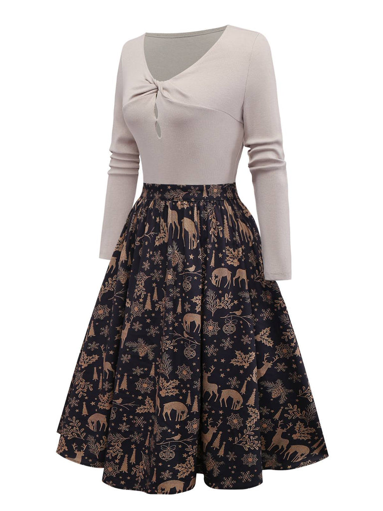 [Pre-Sale] Beige 1950s Twisted Knitted Christmas Elk Swing Dress