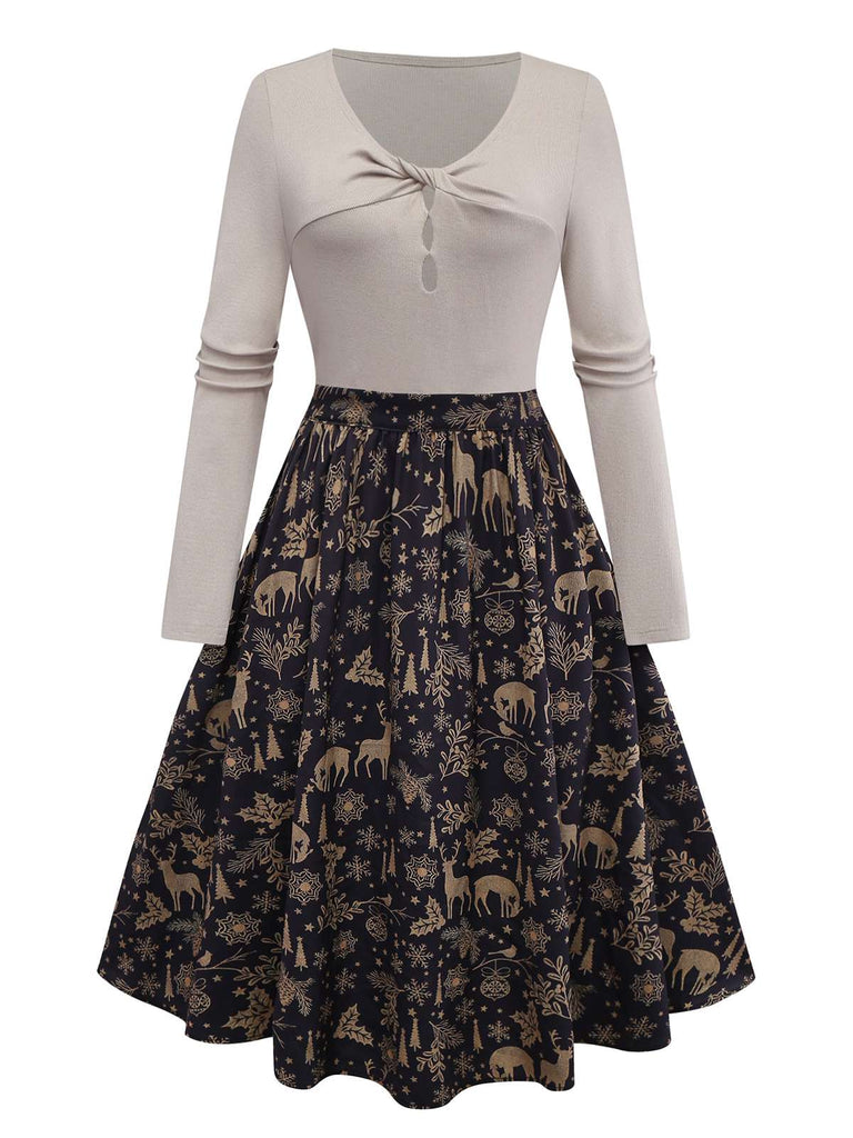 [Pre-Sale] Beige 1950s Twisted Knitted Christmas Elk Swing Dress