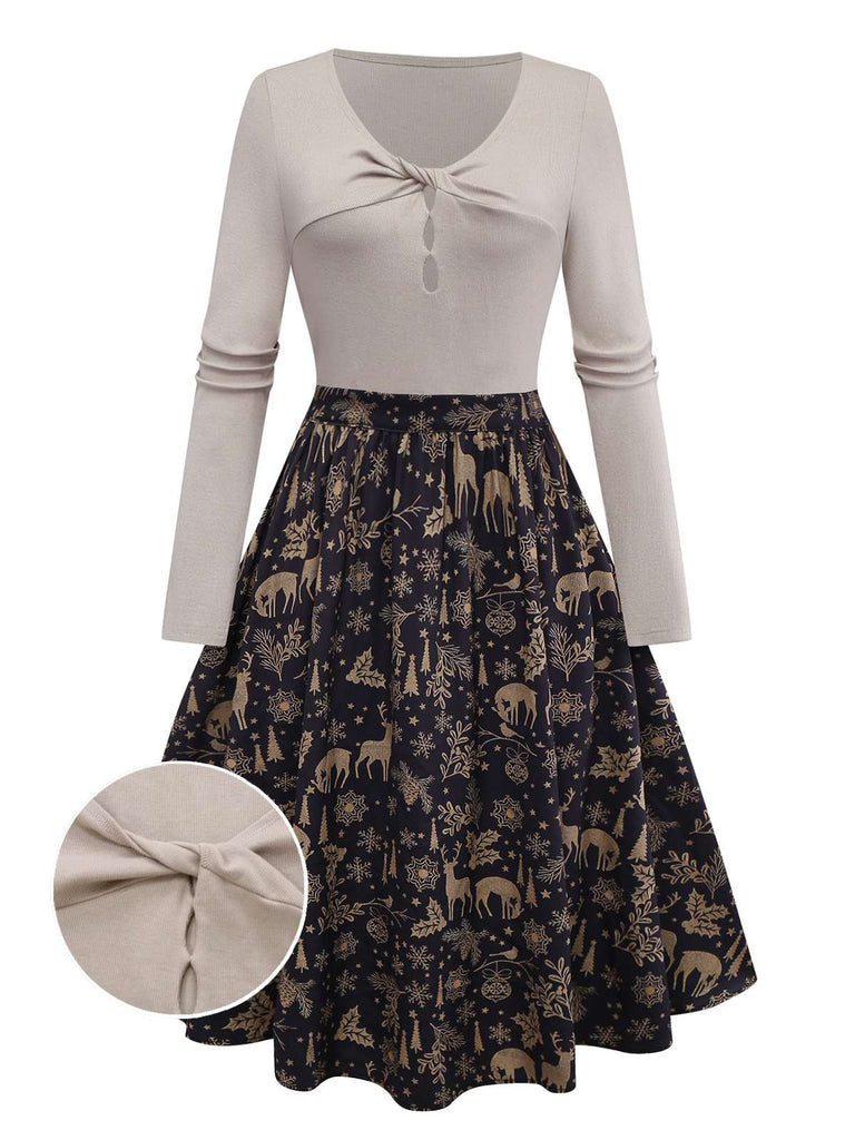 [Pre-Sale] Beige 1950s Twisted Knitted Christmas Elk Swing Dress