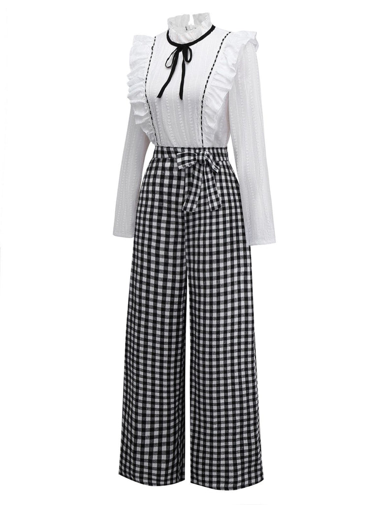 [Pre-Sale] 1930s Cotton Ruffle Collar Bow Tie Gingham Jumpsuit